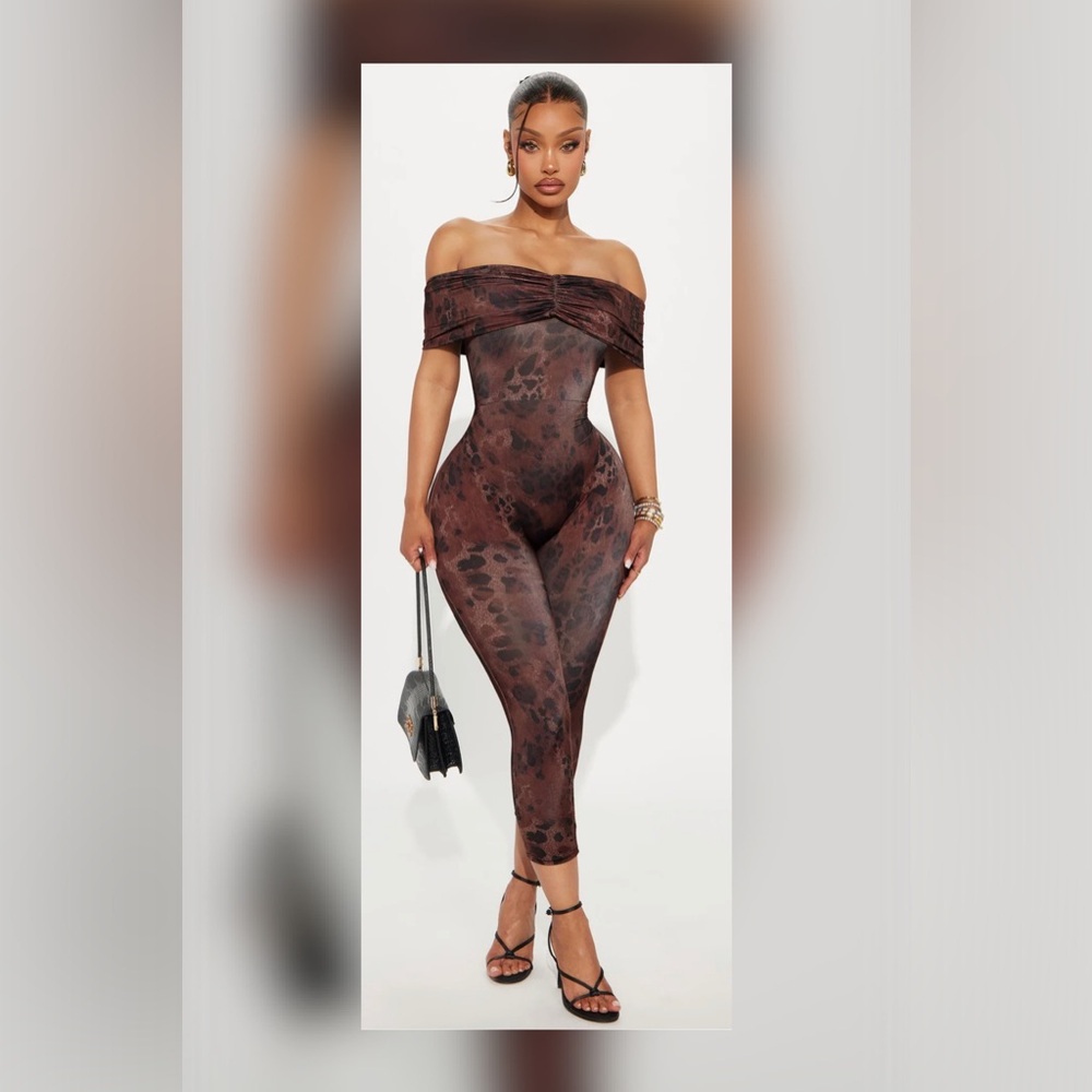 SOLD! Fashion Nova Off-Shoulder Leopard Jumpsuit